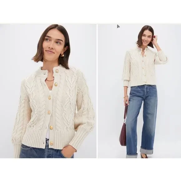 Tuckernuck Cream Cable Knit Sandstone Cotton Colette Cardigan Size SM Preppy - Picture 2 of 6